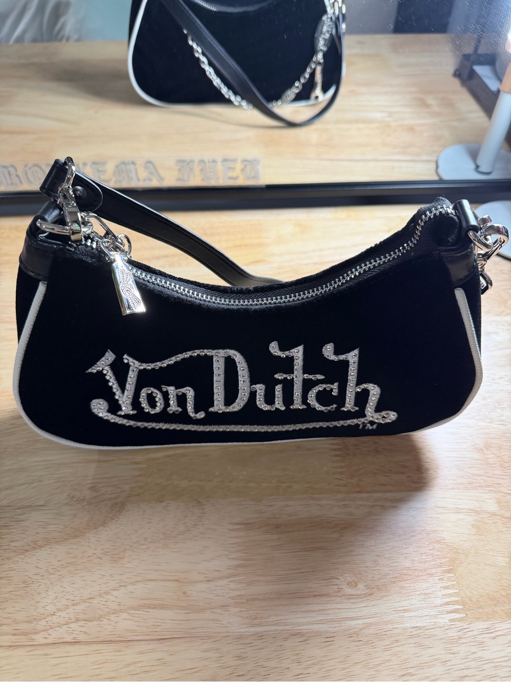 Von Dutch Black Velvet Mini Shoulder Bag with White Trim